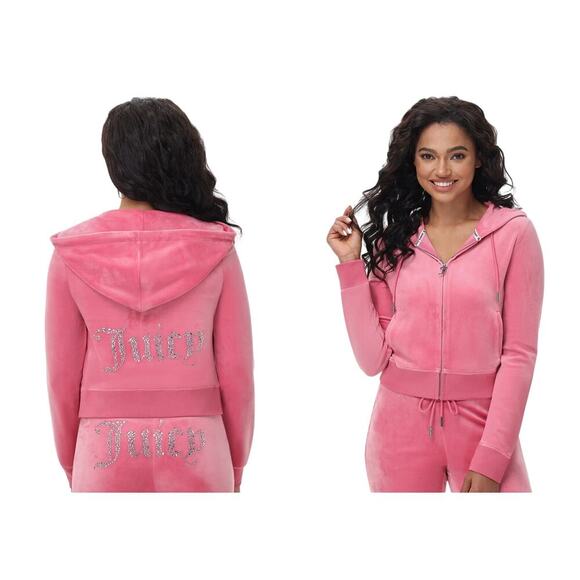 Juicy Couture Pink Velour Hoodie + Shorts Set M Y2K Crystal Logo Matching Lounge - Picture 1 of 8